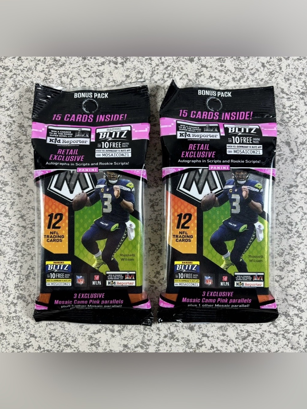 2021 Panini Mosaic Football 15 Card Cello Fat Pack Lot of 2 Camo Pink Parallels